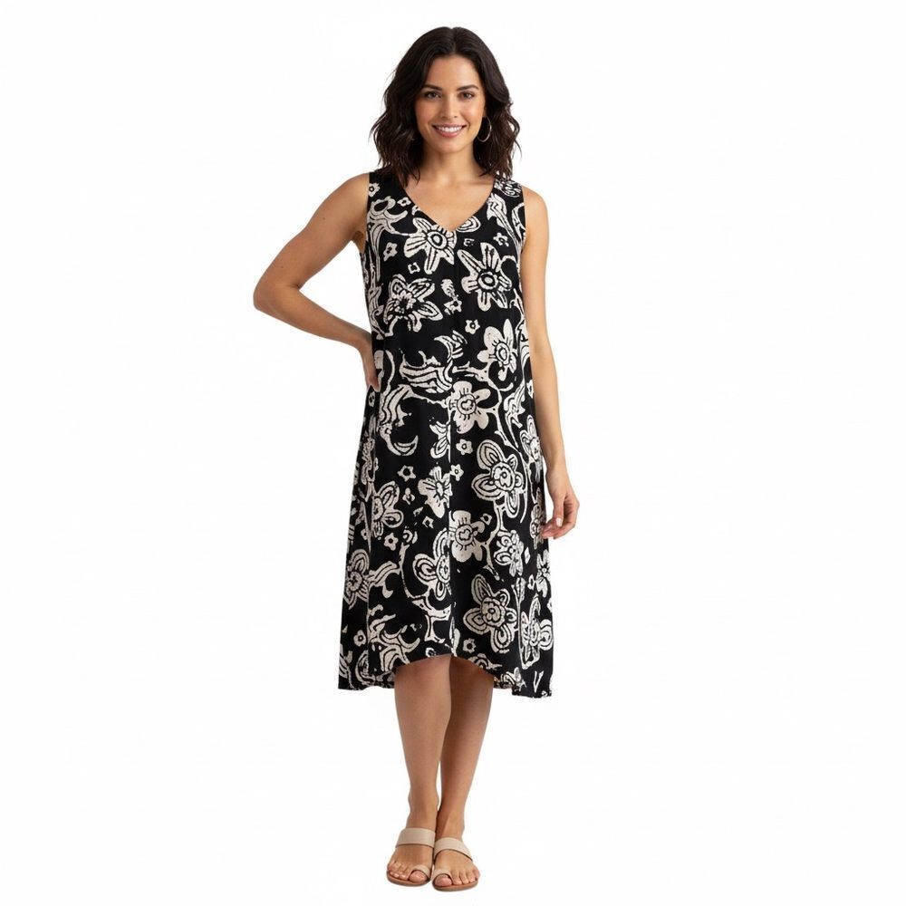 CAbi Black Floral V neck Racerback Aline MIDI Dress